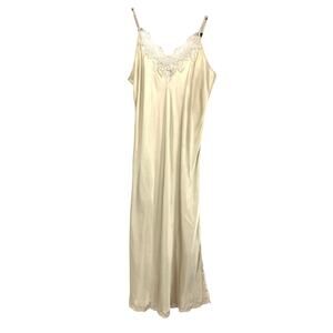 Vintage 90s Champagne Satin Lace Trim Maxi Slip Dress Women Size Large